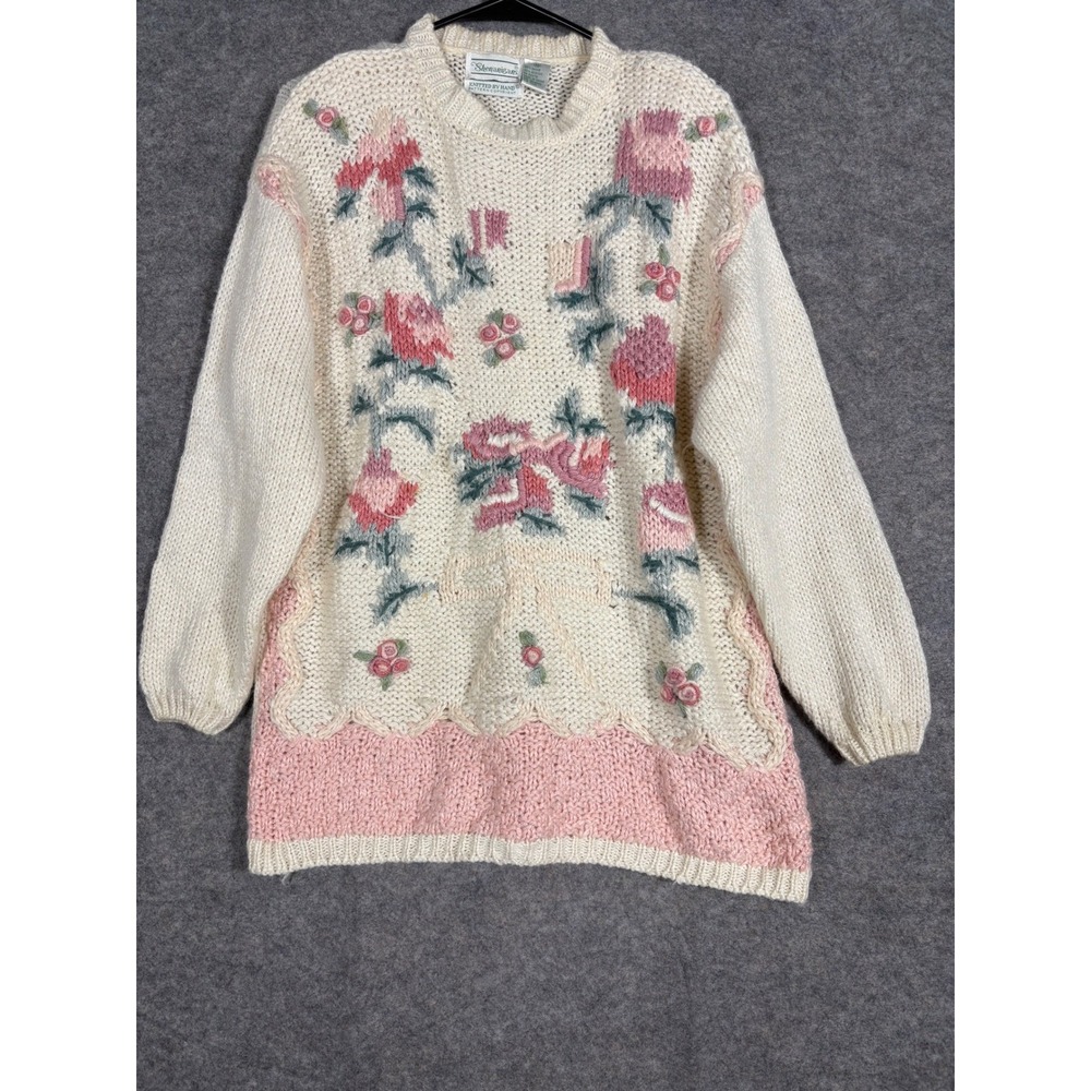 Shenanigans Womens Floral Embroidered‎ Knit Sweater Cream Pink Medium